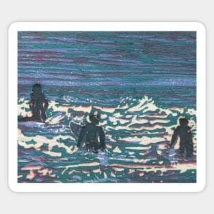 "Surfers" from a 6 colour original reduction linocut by Geoff Hargraves Sticker